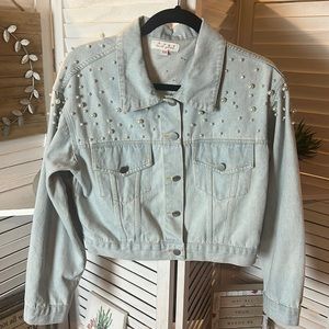 Sweet Generis Light Blue Cropped Denim Jacket With Pearl Accents